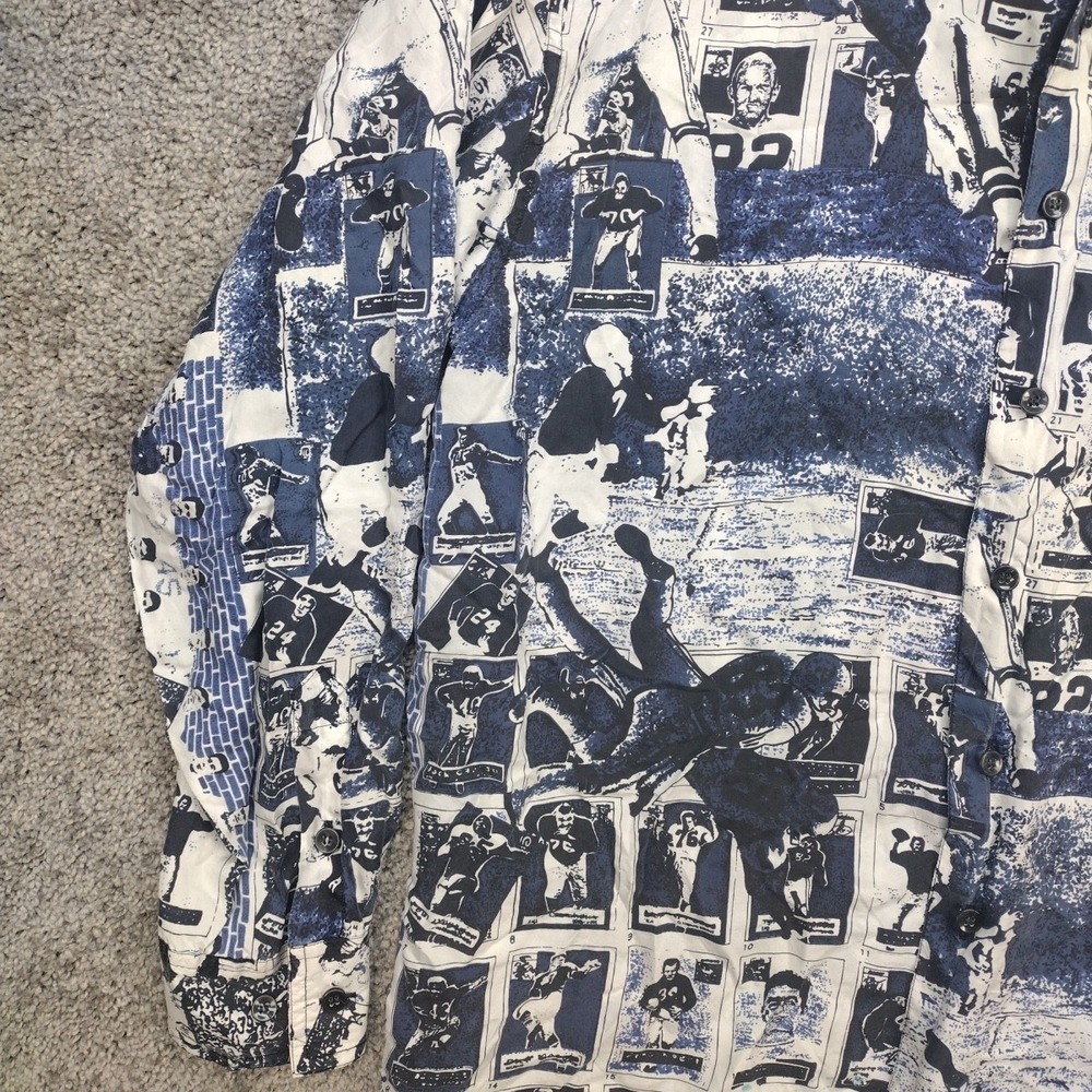 ROBERT STOCK SILK FOOTBALL PLAYER BUTTON UP Blue White All Over Print Men's LG - Picture 4 of 14